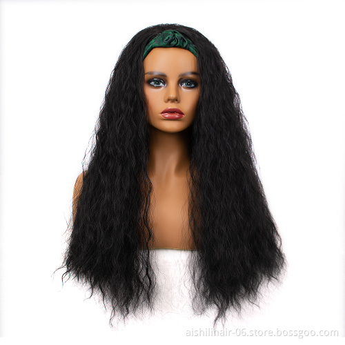 Syntnetic Long Black Air Curly Hair Wigs With Hiagh Quality Soft Headband For Women